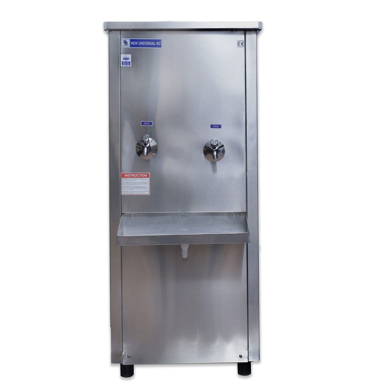 An 80-litre stainless steel water cooler with a sleek, durable design, featuring high-capacity cooling and dual taps for efficient dispensing of chilled water.
